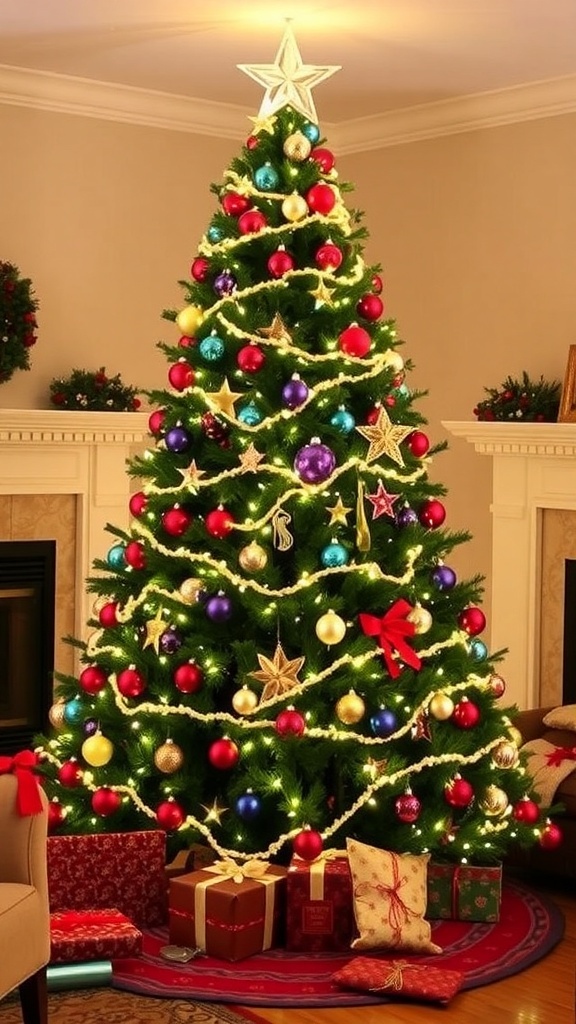 A tall Christmas tree decorated with lights and ornaments in a festive living room.